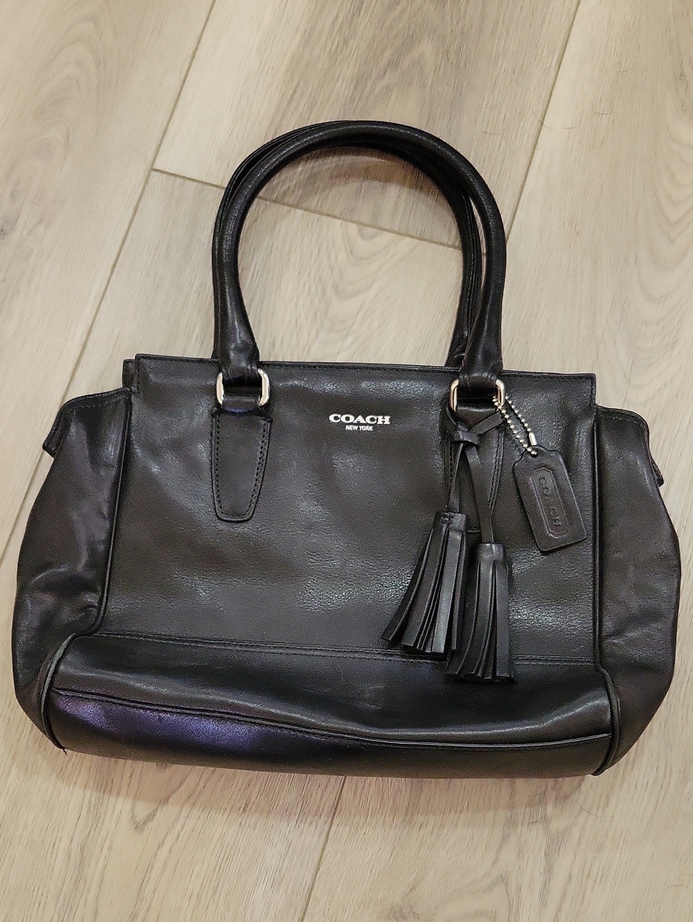 Coach Black Leather Satchel with Tassels and Top Handles